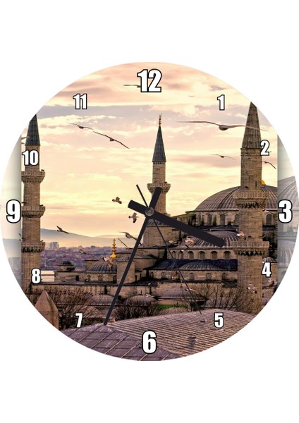 Cakatablo Günbatımında Istanbul Camisi ve Martılar Duvar Saati (Çap 50X50 cm )
