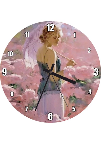Cakatablo Çiçekler Arasında Şemsiyeli Kız Görseli Duvar Saati (Çap 30X30 Cm)