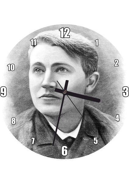 Cakatablo Mucit ve Işadamı Thomas Alva Edison Portresi Duvar Saati (Çap 30X30 Cm)