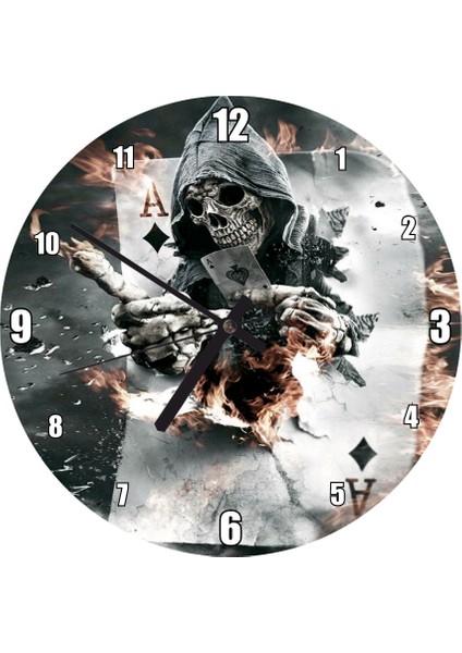 Cakatablo Kafatası Oyun Kartı Karo ve Kupa Ası Duvar Saati (Çap 30X30 Cm)
