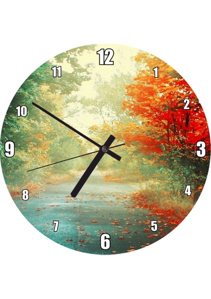 Cakatablo Orman Yolu Sonbahar Sararan Yapraklar Duvar Saati (Çap 50X50 cm )