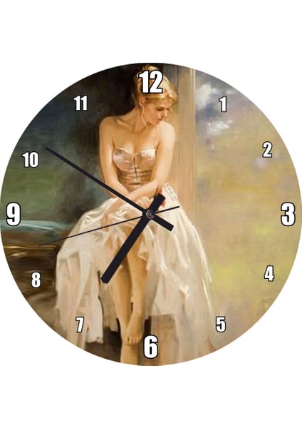 Cakatablo Ressam Daniel Gerhartz Beyaz Elbiseli Kadın Yağlı Boya Duvar Saati (Çap 50X50 cm )