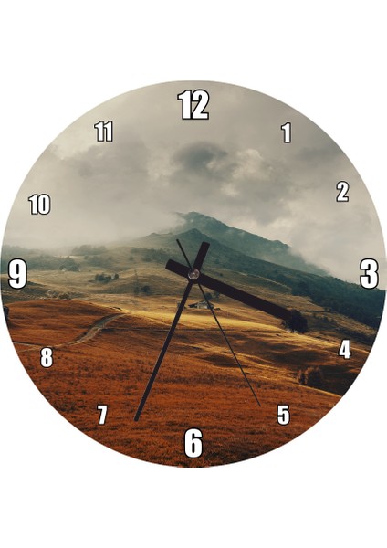 Cakatablo Kızıl Otlar ve Bulutlu Tepeler Duvar Saati (Çap 30X30 Cm)