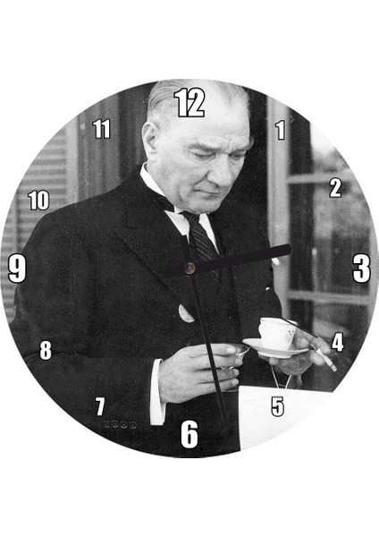 Cakatablo Atatürk Smokinli Kahve Sigara Duvar Saati (Çap 50X50 cm )