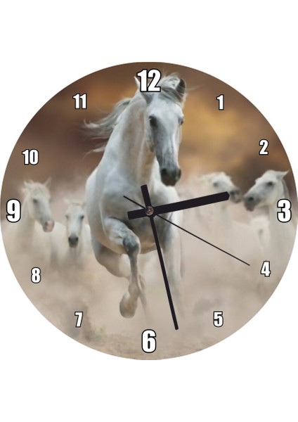 Cakatablo Kum Içinde Koşan Beyaz Atlar Duvar Saati (Çap 30X30 Cm)