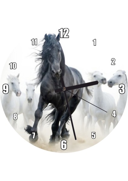 Cakatablo Önde Siyah At ve Arkada Beyaz Atlar Duvar Saati (Çap 50X50 cm )