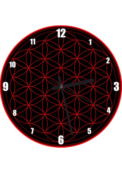 Cakatablo Yaşam Çiçeği Siya Zeminde Kırmızı Duvar Saati (Çap 50X50 cm )