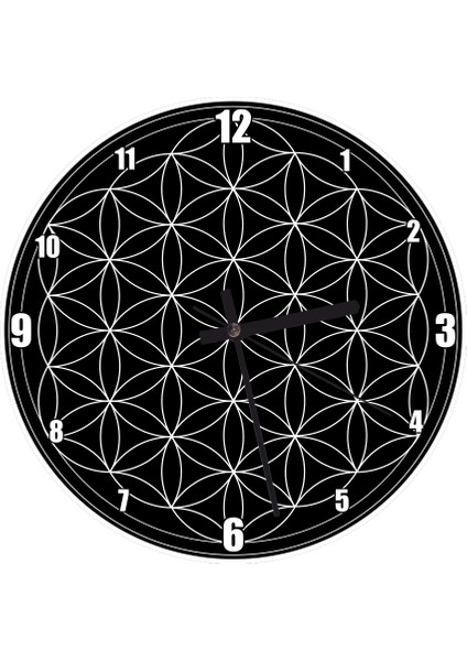 Cakatablo Yaşam Çiçeği Siyah Zeminde Beyaz Duvar Saati (Çap 30X30 Cm)