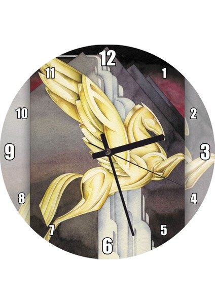 Cakatablo Altın Kanatlı At ve Gri Şekiller Duvar Saati (Çap 30X30 Cm)