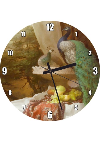 Cakatablo Bir Çift Tavuskuşu ve Taze Meyveler Duvar Saati (Çap 50X50 cm )