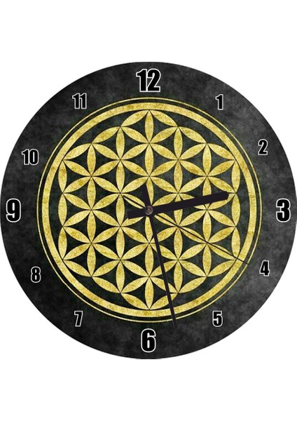 Cakatablo Yaşam Çiçeği Siya Gri Zeminde Sarı Duvar Saati (Çap 30X30 Cm)