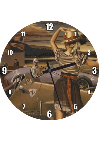 Cakatablo Antika Ferrari Yarış Arabaları ve Start Bayraklı Kız Duvar Saati (Çap 50X50 cm )