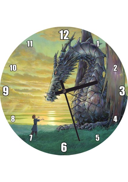 Cakatablo Ejderha Çocuk ve Günbatımında Bulutlu Gökler Duvar Saati (Çap 50X50 cm )