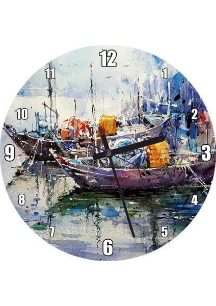 Cakatablo Rıhtımda Demirli Kayıklar Yağlıboya Duvar Saati (Çap 30X30 Cm)