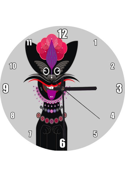 Cakatablo Siyah Kedi ve Absürd Desenler Gri Zemin Duvar Saati (Çap 50X50 cm )