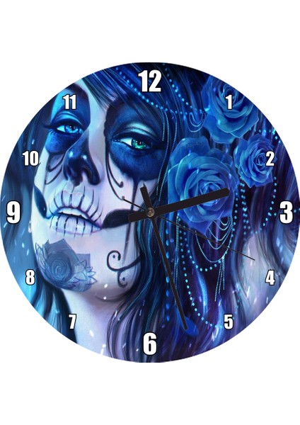 Cakatablo Ölülerin Günü Lacivert Güller ve Boyalar Görseli Duvar Saati (Çap 30X30 Cm)