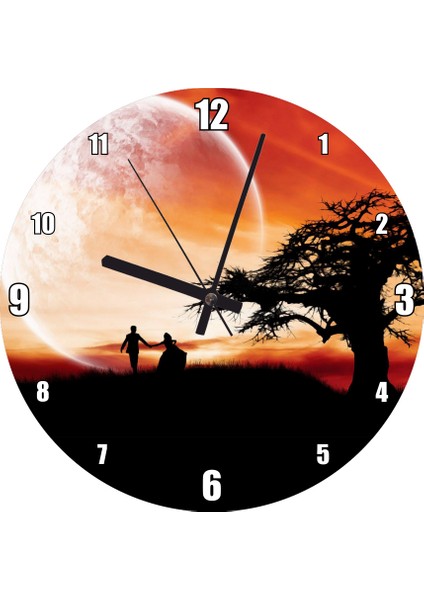 Cakatablo Yalnız Ağaç, Yeni Evli Çift ve Süper Ay Görseli Duvar Saati (Çap 30X30 Cm)
