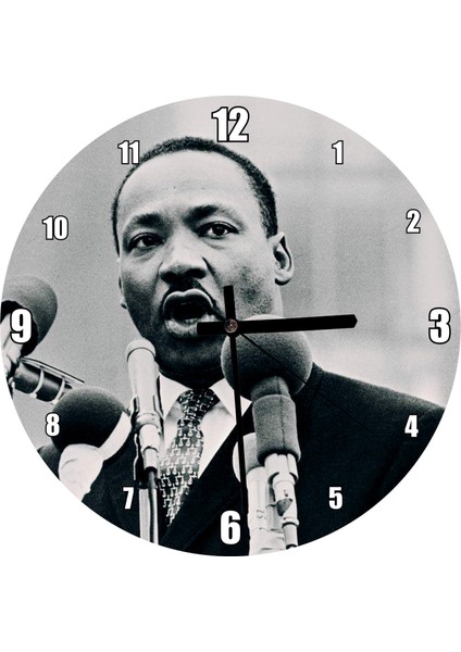 Cakatablo Martin Luther King ve Mikrofonlar Siyah Beyaz Duvar Saati (Çap 30X30 Cm)