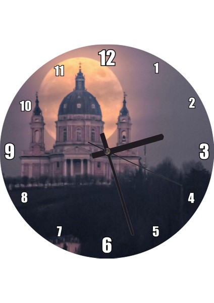 Cakatablo Tarihi Kilise ve Tam Arkasındaki Süper Ay Görseli Duvar Saati (Çap 50X50 cm )