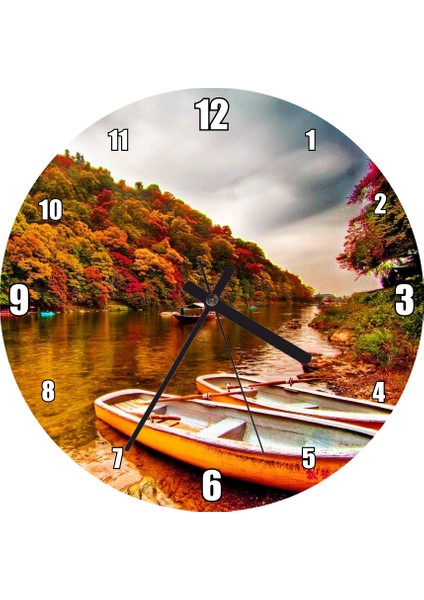 Cakatablo Sonbahar Renklerinde Orman ve Nehirde Kayıklar Görseli Duvar Saati (Çap 30X30 Cm)