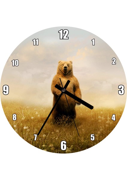 Cakatablo Sisli Çayırda Ayakta Duran Boz Ayı Duvar Saati (Çap 50X50 cm )