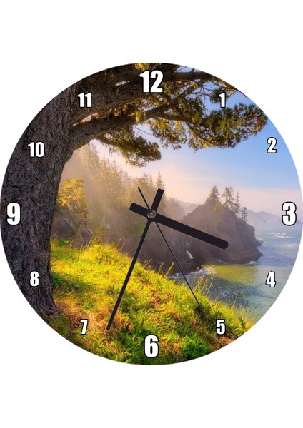 Cakatablo Gündoğumu Deniz Manzaralı Tepedeki Ağaç Duvar Saati (Çap 50X50 cm )