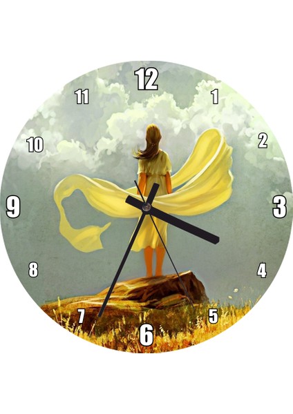 Cakatablo Bulutlu Gökler ve Sarı Elbiseli Kız Duvar Saati (Çap 50X50 cm )