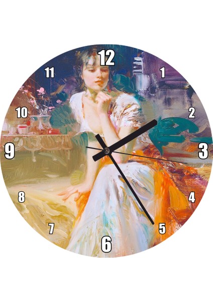 Cakatablo Düşünen Güzel Kadın Empresyonist Çalışma Duvar Saati (Çap 50X50 cm )