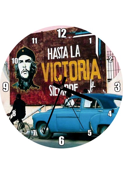 Cakatablo Küba'da Che Guevara Duvar Boyama ve Mavi Klasik Araba Duvar Saati (Çap 50X50 cm )