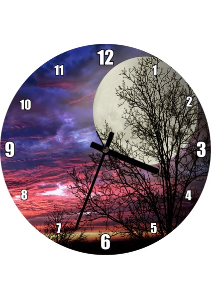 Cakatablo Kızıl Bulutlu Gökler, Çıplak Ağaçlar ve Süper Ay Duvar Saati (Çap 30X30 Cm)