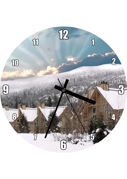Cakatablo Karlı Tepeler ve Bulutların Ardındaki Güneş Duvar Saati (Çap 30X30 Cm)