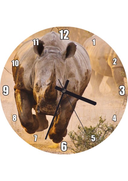 Cakatablo Hücum Halindeki Gergedan ve Arkada Ailesi Duvar Saati (Çap 50X50 cm )