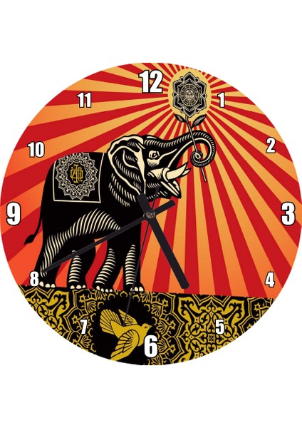Cakatablo Fil, Kuş ve Tribal Desenler Duvar Saati (Çap 30X30 Cm)