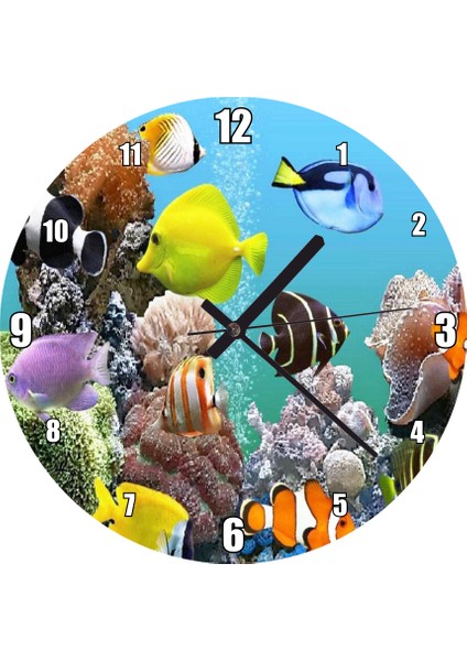 Cakatablo Deniz Akvaryumu ve Rengarenk Balıklar Duvar Saati (Çap 50X50 cm )