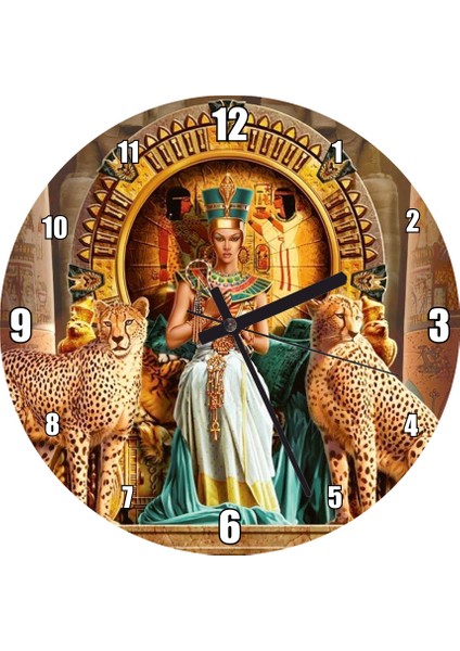 Cakatablo Antik Mısır'da Nefertiti ve Tahtın Yanında Çitalar Duvar Saati (Çap 50X50 cm )