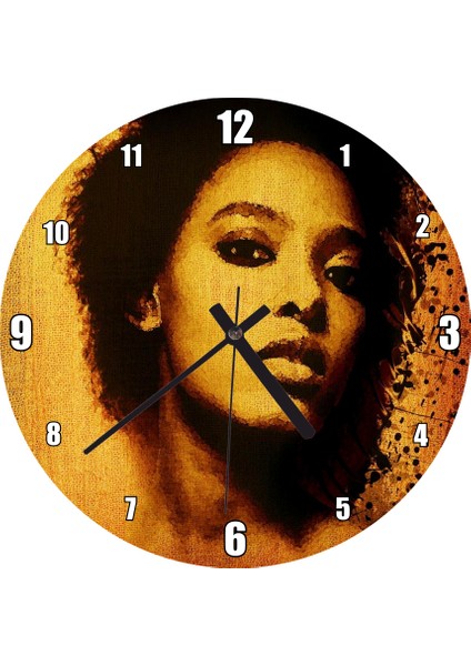 Cakatablo Afrikalı Güzel Kadın Keten Zemin Suluboya Duvar Saati (Çap 30X30 Cm)