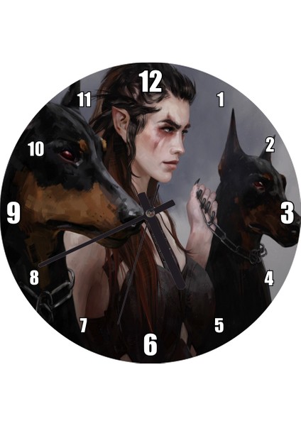 Cakatablo Elf Kızı ve Iki Doberman Köpeği Duvar Saati (Çap 50X50 cm )