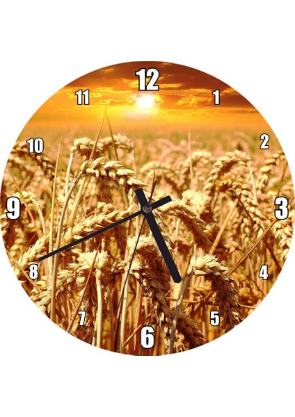 Cakatablo Eğilmiş Buğday Başakları ve Günbatımı Duvar Saati (Çap 30X30 Cm)