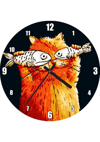 Cakatablo Balık Gözlü Kedi Karikatürize Duvar Saati (Çap 30X30 Cm)
