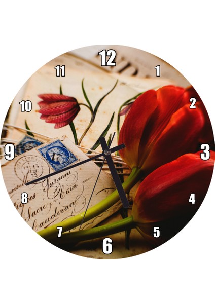 Cakatablo Aşk Mektupları ve Kırmızı Laleler Duvar Saati (Çap 30X30 Cm)