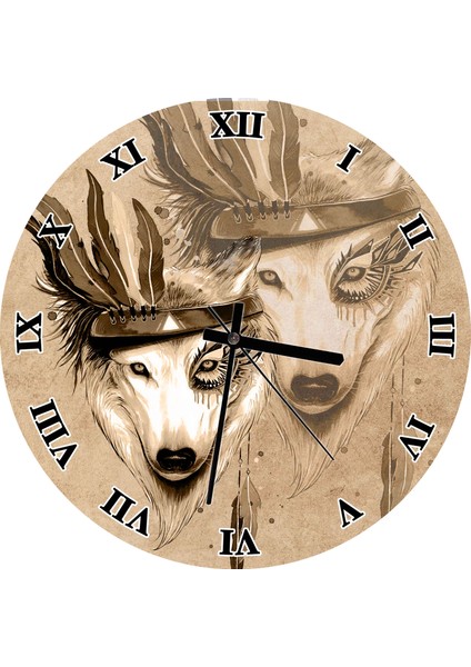 Cakatablo Kızılderili Figürlü Kurt Teması Duvar Saati (Çap 50X50 cm )