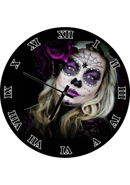 Cakatablo Meksika Catrina Makyajı Duvar Saati (Çap 30X30 Cm)