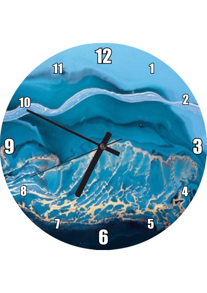 Cakatablo Altın Damarlı Mavi Doku Duvar Saati (Çap 50X50 cm )