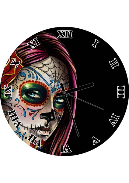 Cakatablo Siyah Zeminde Meksika Catrina Makyajı Duvar Saati (Çap 50X50 cm )