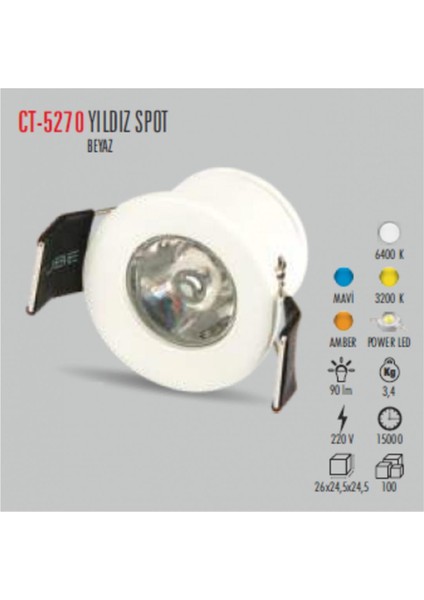 CT-5270 1,5W/3200K Yıldız Spot Beyaz Kasa (Günışığı) Cata