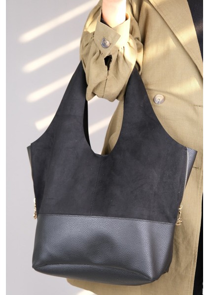 1096 Siyah Süet Kadın Gunluk Canta