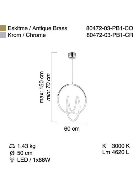 Solıera 50 Lık Ledlı Krom Sarkıt 66W 3000K