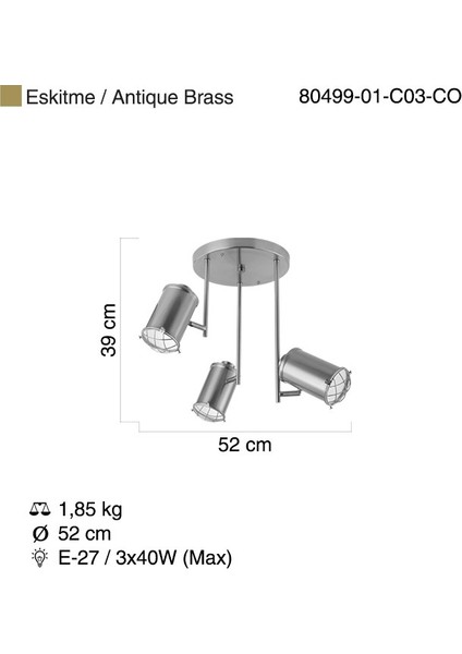 Bormıda 3 Lu Antik Lak Plafonyer 3Xe27