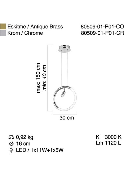 Proves Ledlı Krom Sarkıt 12W+5W 3000K