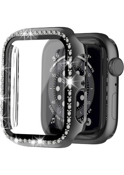 Apple Watch Uyumlu 7 41MM Ekran Korumalı Elmas Taş Kaplama Sert Rubber Kılıf - Siyah